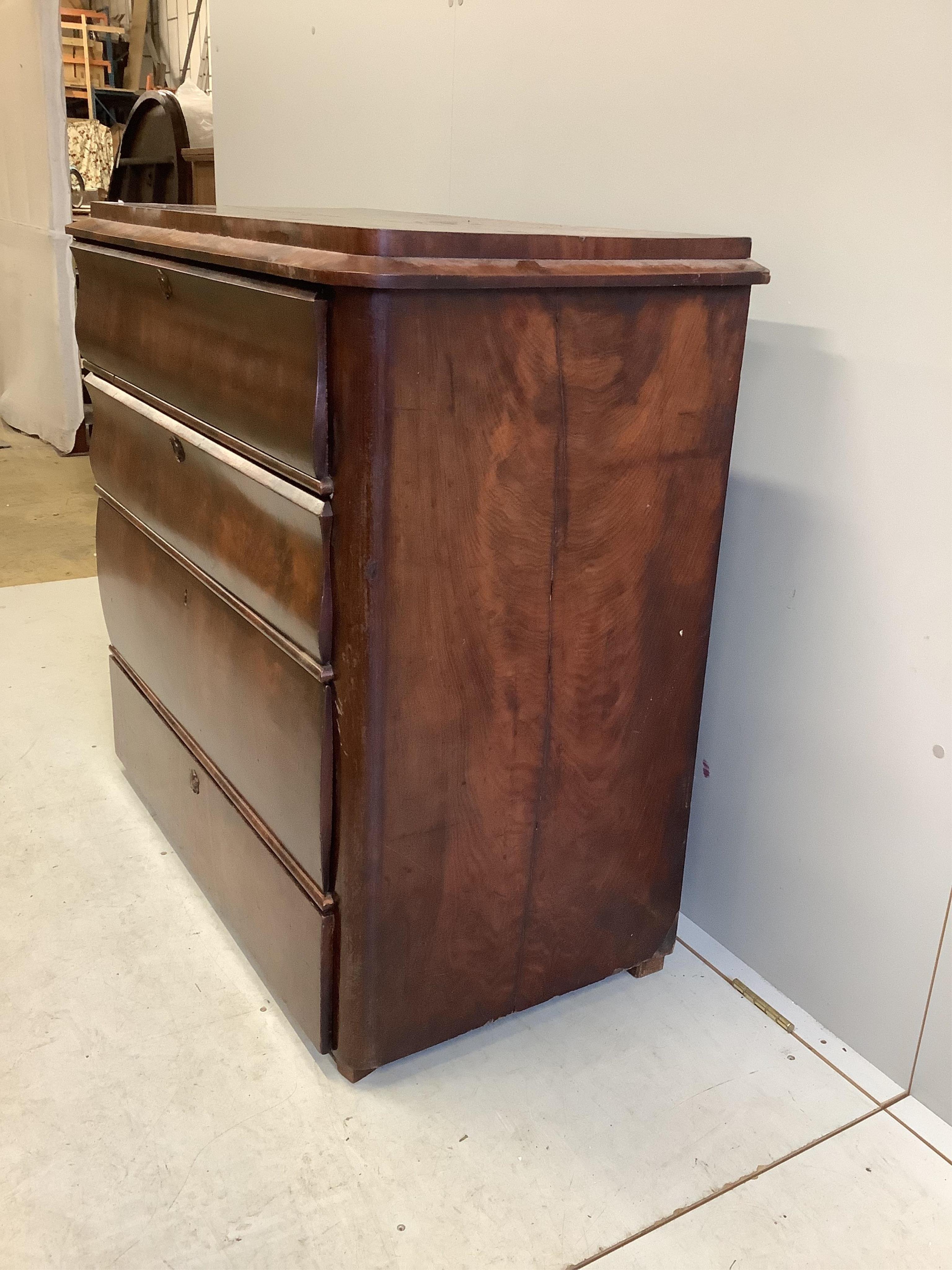 A mid 19th century French mahogany chest of drawers, width 105cm, depth 52cm, height 99cm. Condition - poor